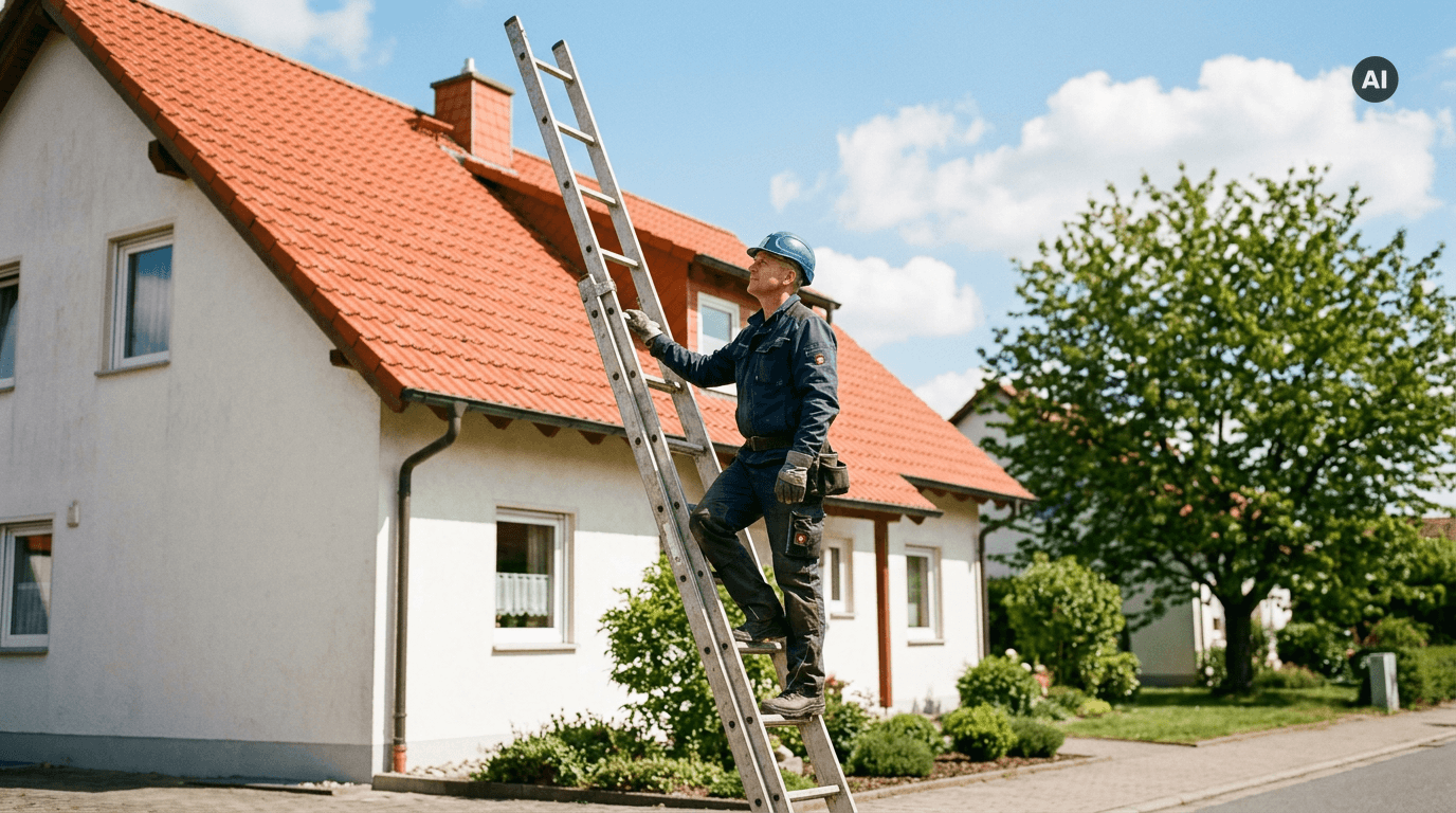 Ein Dachdecker hält auf halber Höhe einer Leiter an einem Haus mit rotem Ziegeldach inne und blickt zum oberen, noch nicht erreichten Teil der Leiter