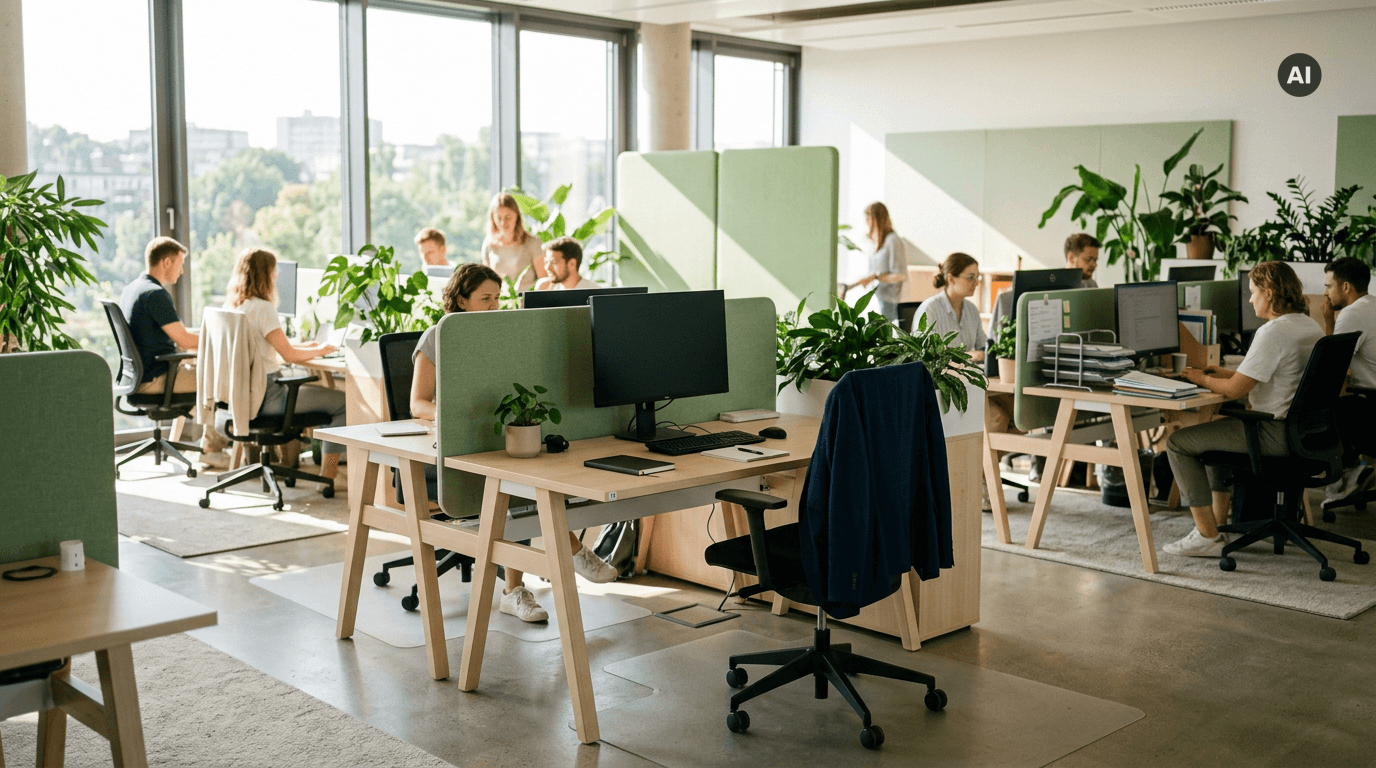 Helles Großraumbüro mit besetzten Arbeitsplätzen, in der Mitte ein leerer Schreibtisch mit dunklem Bildschirm, zurückgeschobenem Stuhl und einer Jacke über der Lehne
